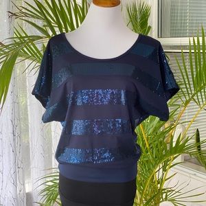 Sequined Striped Blouse with Batwing short sleeves